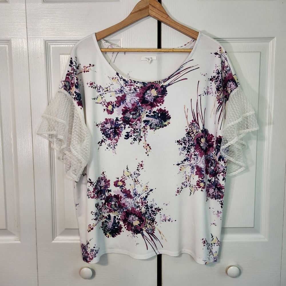 Maurices Floral Scoop Neck Top Purple Ivory Tiered Lace Flutter Sleeve Large